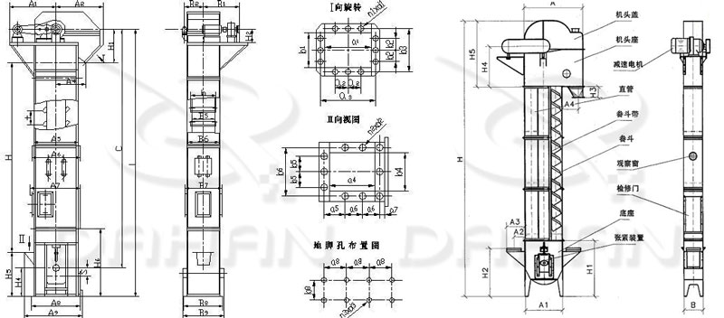 TD/D型斗式提升機基本結構:機頭蓋，機頭座，減速電機，直管，底座，緊張裝置等。