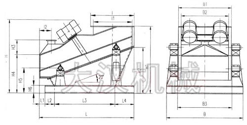 ZSG礦用振動篩外形示意圖：B為礦用振動篩寬度，L為礦用振動篩長度。H為礦用振動篩高度等。