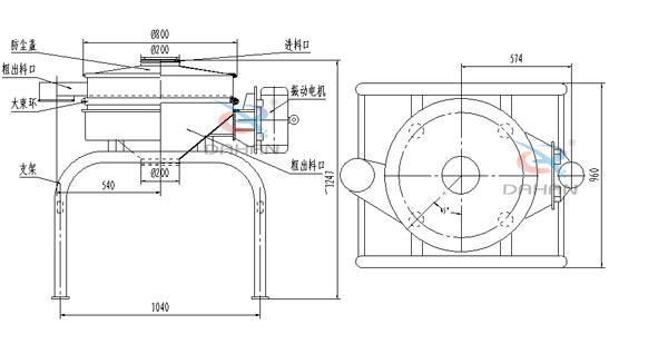 單振源直排篩機構和持續：防塵蓋（mm）：800進料口（mm）：200結構;防塵蓋，大束環，支架，振動電機，進料口等。