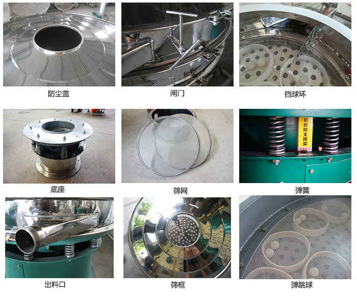 直徑600型振動篩細節：網架，料斗，篩框，擋球環，防塵蓋，閘門，出料口。