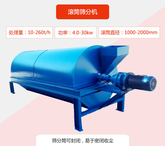 滾筒篩分機：處理能力：10-260t/h  功率：4.0-30kw 滾筒直徑：1000-2000mm 篩分筒可封閉，易于密閉收塵