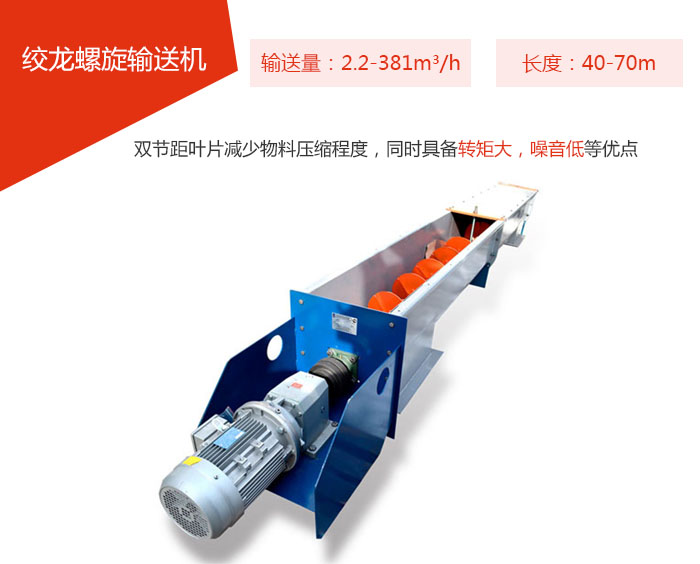 絞龍螺旋輸送機輸送量：2.2-381m3/h 長度：40-70m 雙節距葉片減少物料壓縮程度，同時具備轉矩大，噪音低等優點。