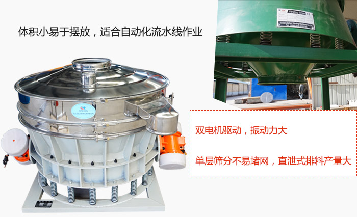 雙電機驅動，振動力大，單層篩分不易堵網，直泄式排料產量大