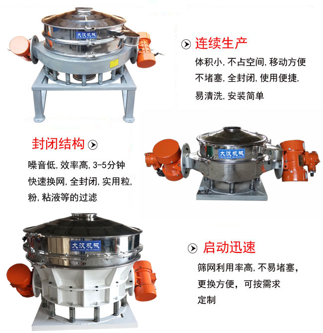 直徑1000mm直排篩特點：連續生產：體積小，不占空間，移動方便，不堵塞，全封閉，使用便捷，易清洗，安裝簡單。封閉結構：噪音低，效率高，3-5分鐘，快速換網，全封閉，實用粒，粉粘液等的過濾。啟動迅速：篩網利用率高，不易堵塞，更換方便，可按需求定制。