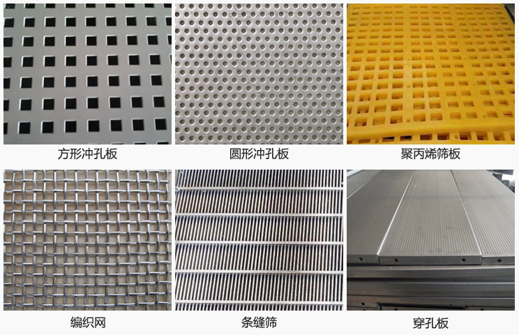 直線振動篩篩網分方形沖孔板，圓形沖孔板，聚丙烯篩板，編織網，條縫篩，穿孔板等。