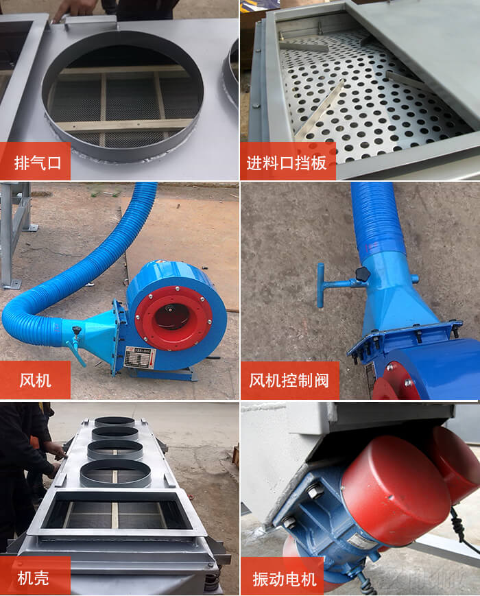  降溫直線振動篩細節：風機閘門，風機電機配件，出風口，進料口，振動電機。