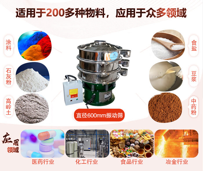 直徑600mm振動篩使用的行業:醫藥行業，公害處理，食品行業，化工行業。